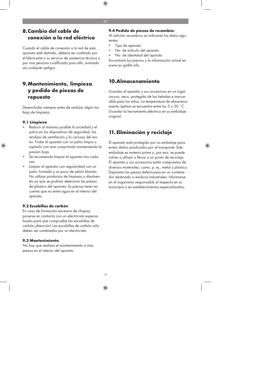 Cambio del cable de conexión a la red eléctrica, Almacenamiento, Eliminación y reciclaje | Parkside PFMR 1400 A1 User Manual | Page 12 / 50