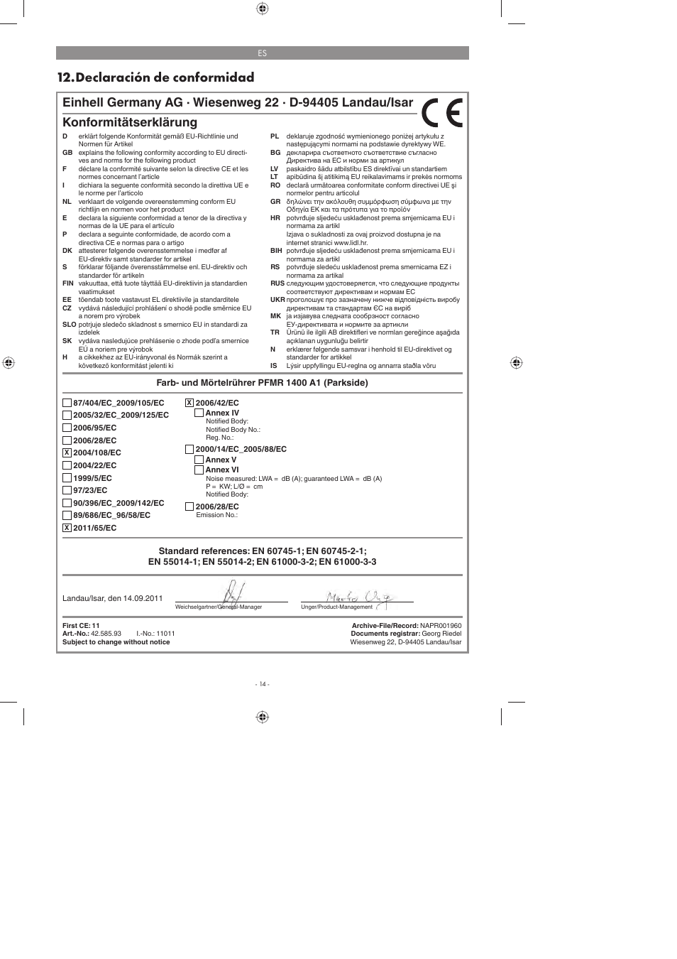 Declaración de conformidad, Konformitätserklärung | Parkside PFMR 1400 A1 User Manual | Page 14 / 50