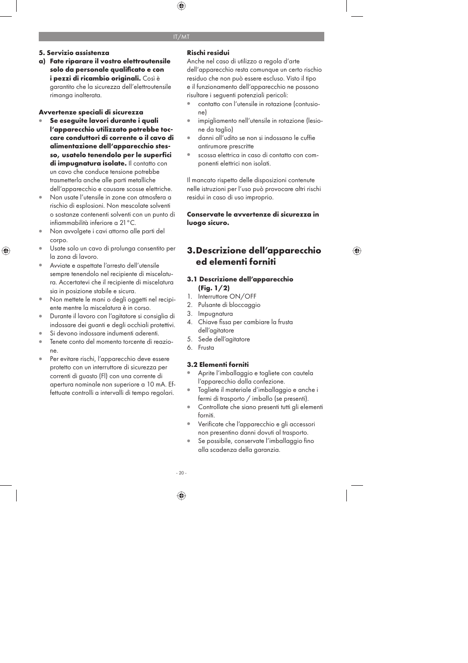 Descrizione dell’apparecchio ed elementi forniti | Parkside PFMR 1400 A1 User Manual | Page 20 / 50