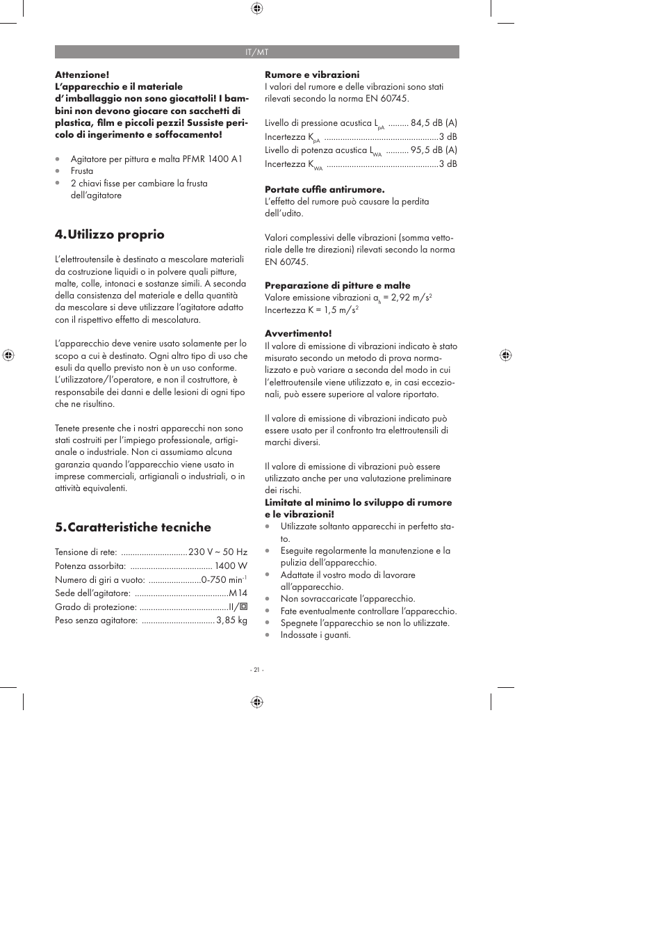 Utilizzo proprio, Caratteristiche tecniche | Parkside PFMR 1400 A1 User Manual | Page 21 / 50