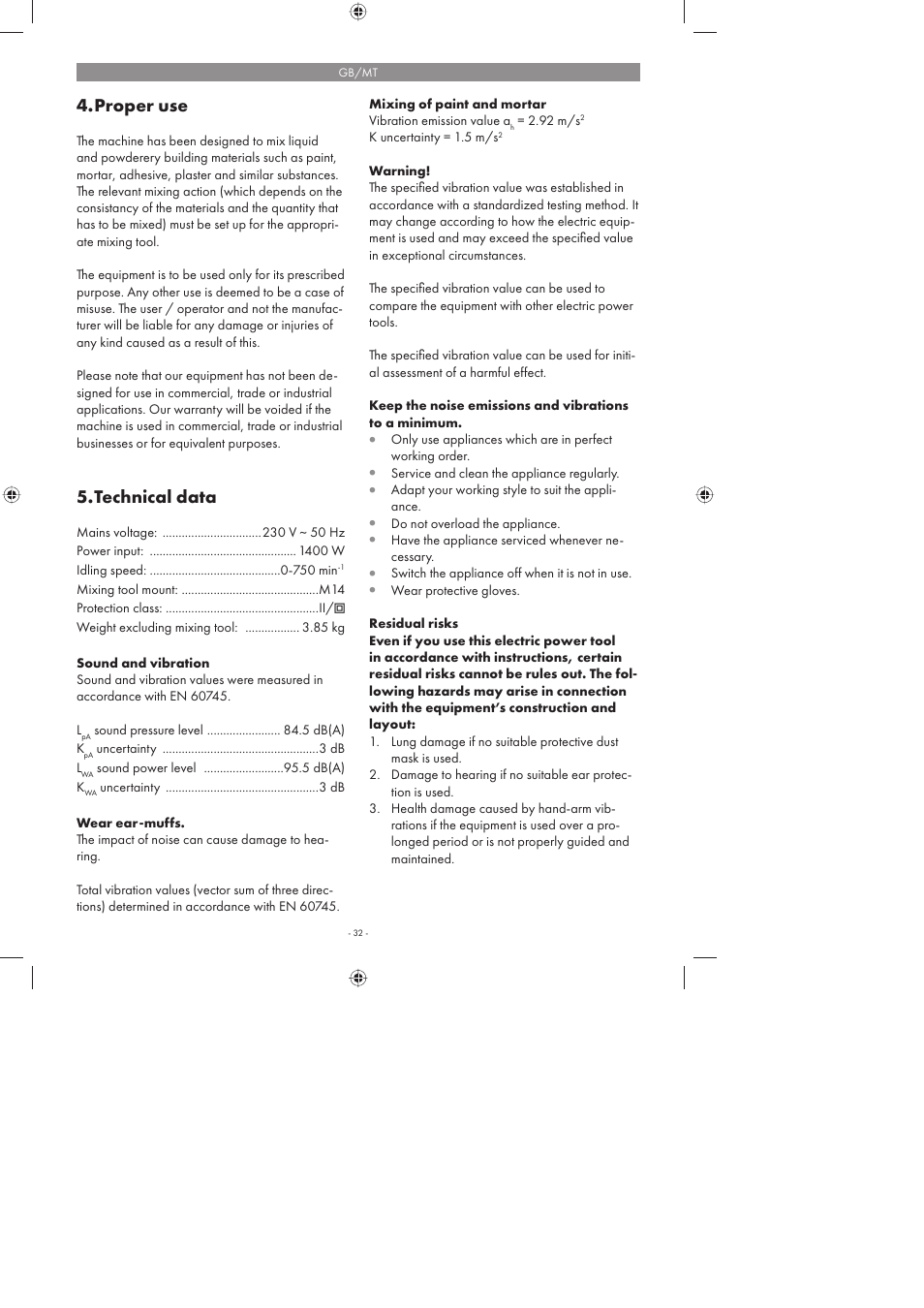 Proper use, Technical data | Parkside PFMR 1400 A1 User Manual | Page 32 / 50
