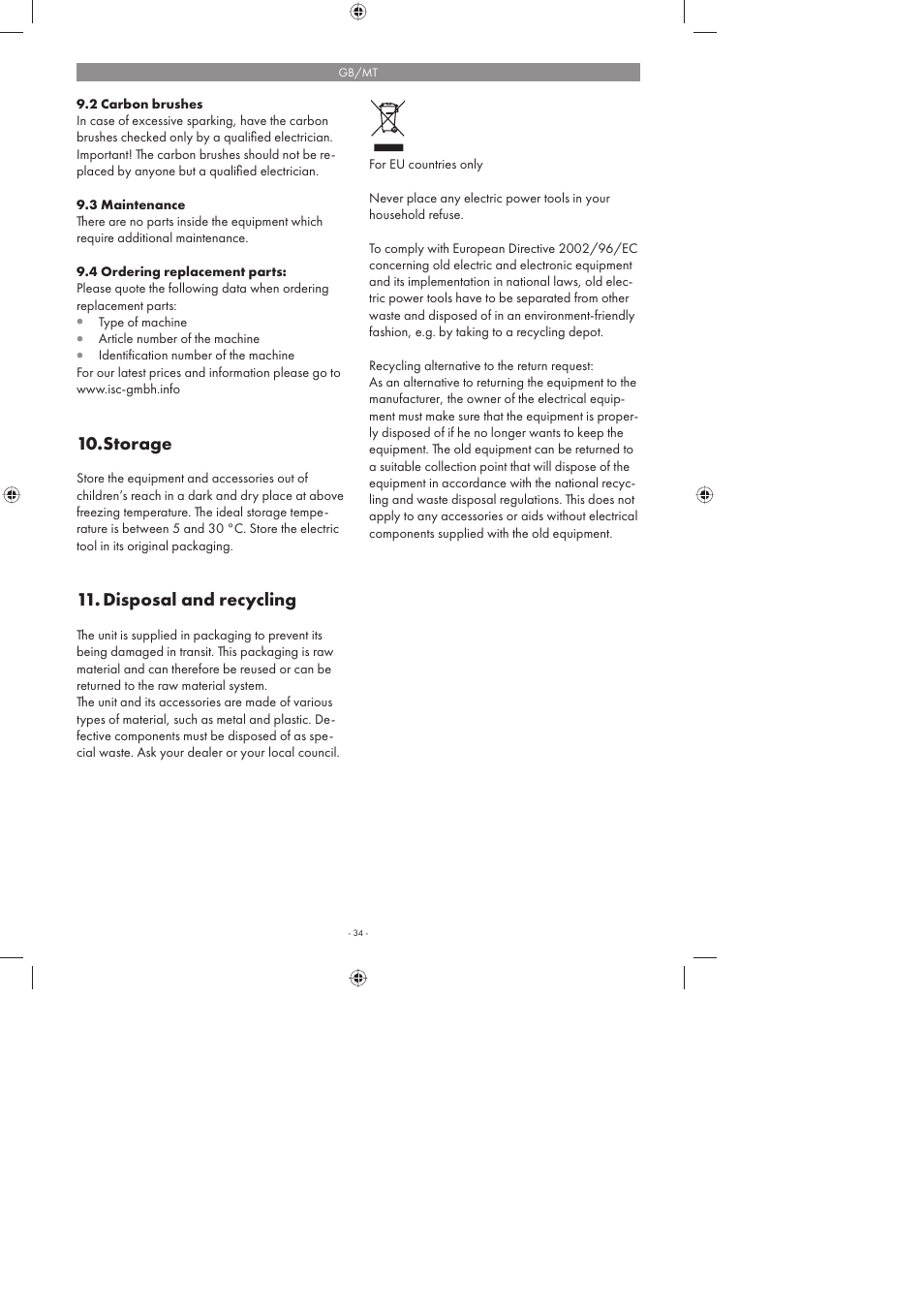 Storage, Disposal and recycling | Parkside PFMR 1400 A1 User Manual | Page 34 / 50