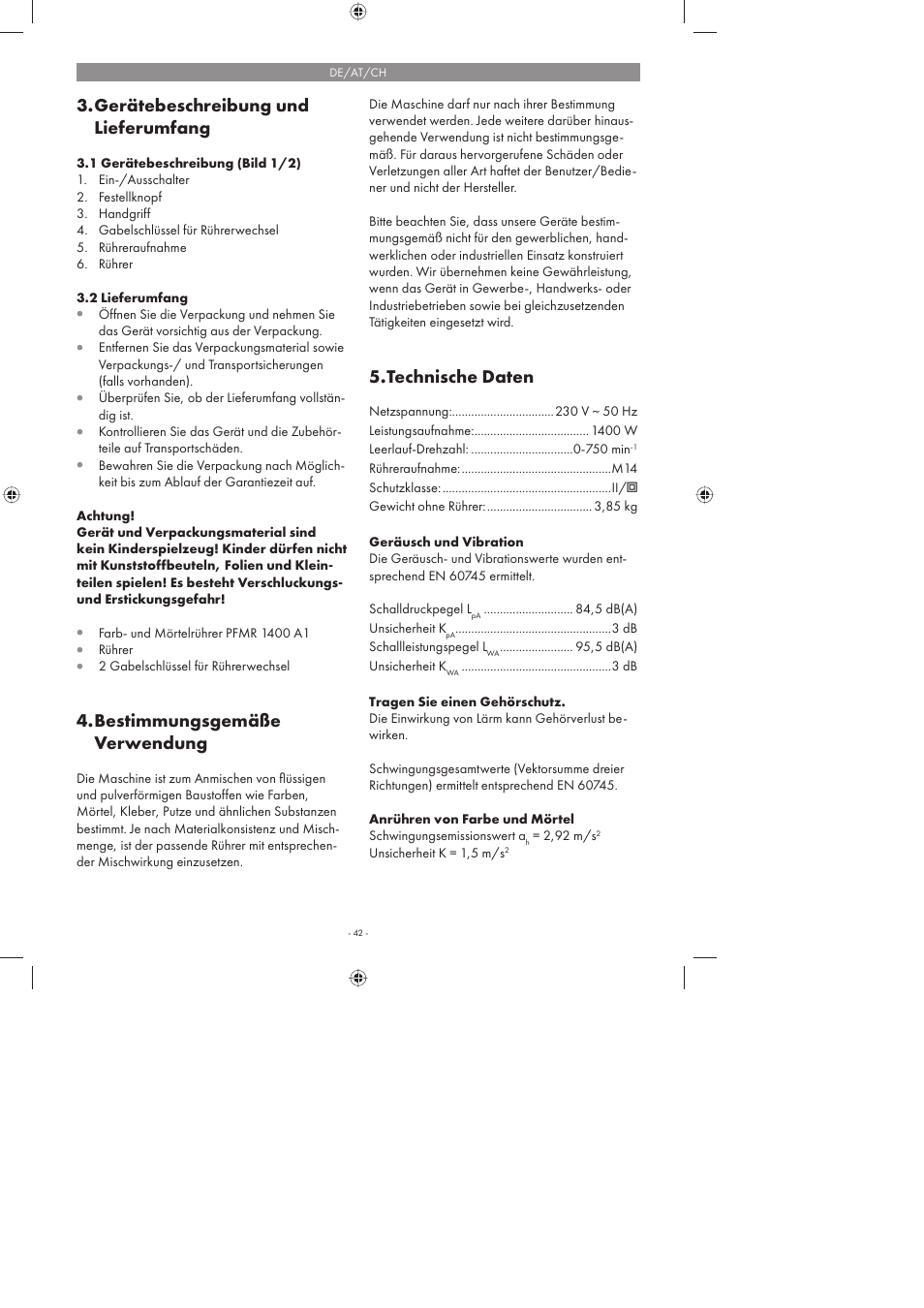 Gerätebeschreibung und lieferumfang, Bestimmungsgemäße verwendung, Technische daten | Parkside PFMR 1400 A1 User Manual | Page 42 / 50