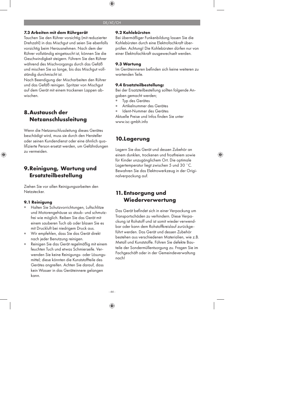 Austausch der netzanschlussleitung, Reinigung, wartung und ersatzteilbestellung, Lagerung | Entsorgung und wiederverwertung | Parkside PFMR 1400 A1 User Manual | Page 44 / 50
