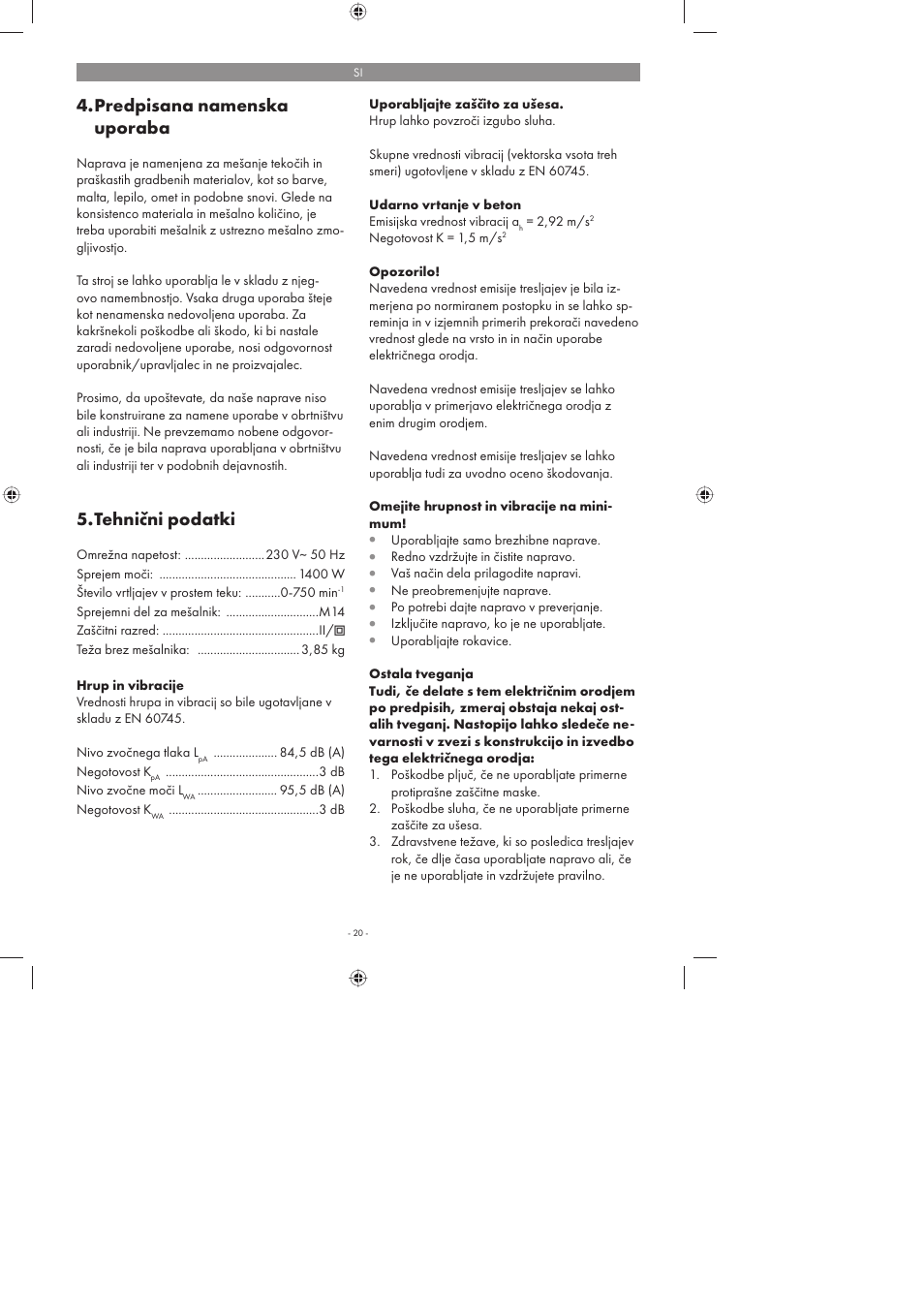 Predpisana namenska uporaba, Tehnični podatki | Parkside PFMR 1400 A1 User Manual | Page 20 / 58