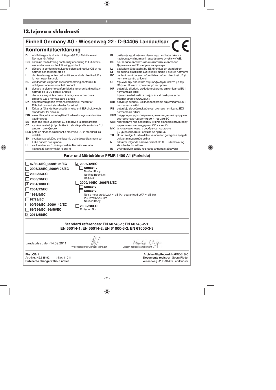 Izjava o skladnosti, Konformitätserklärung | Parkside PFMR 1400 A1 User Manual | Page 23 / 58