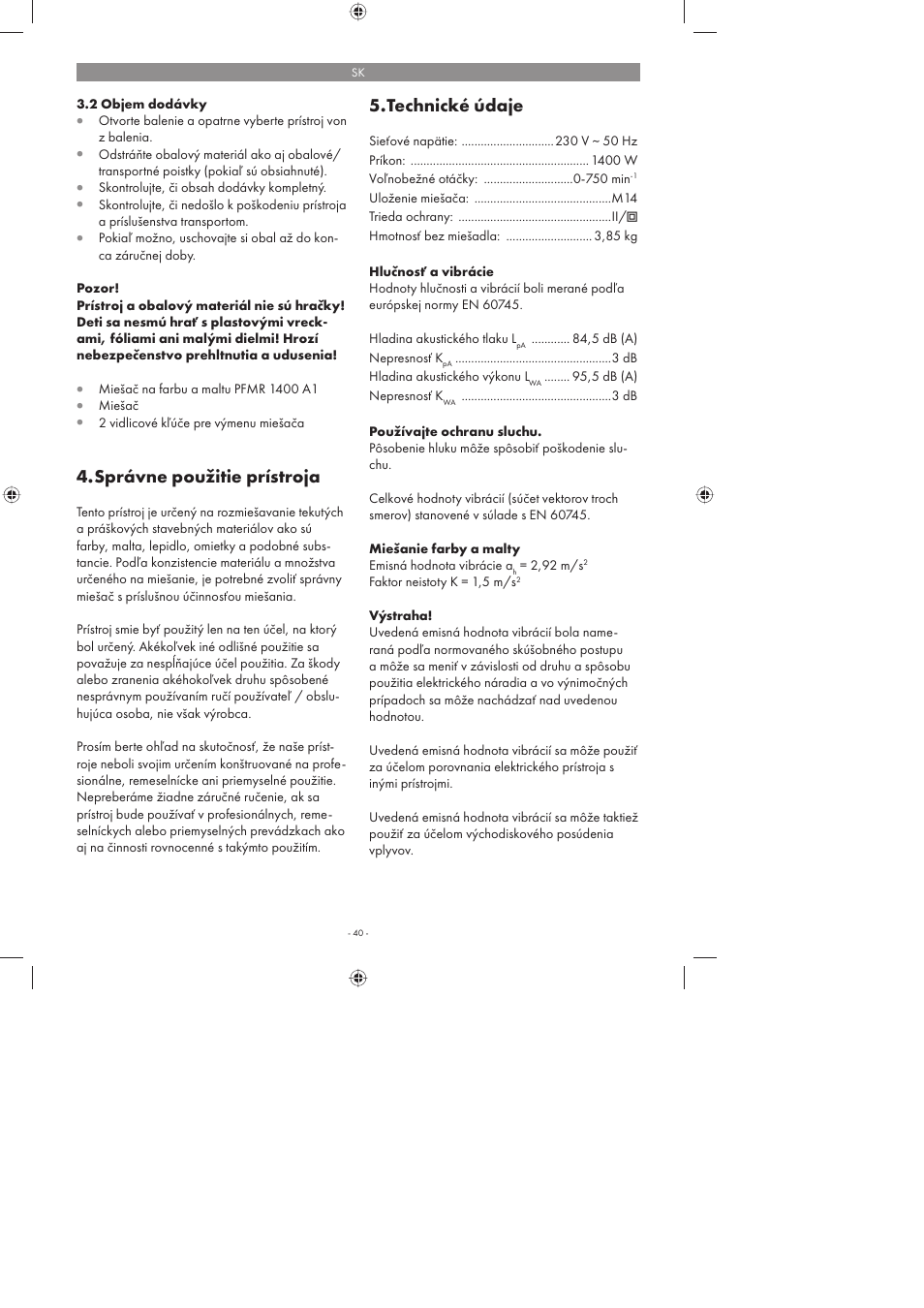 Správne použitie prístroja, Technické údaje | Parkside PFMR 1400 A1 User Manual | Page 40 / 58