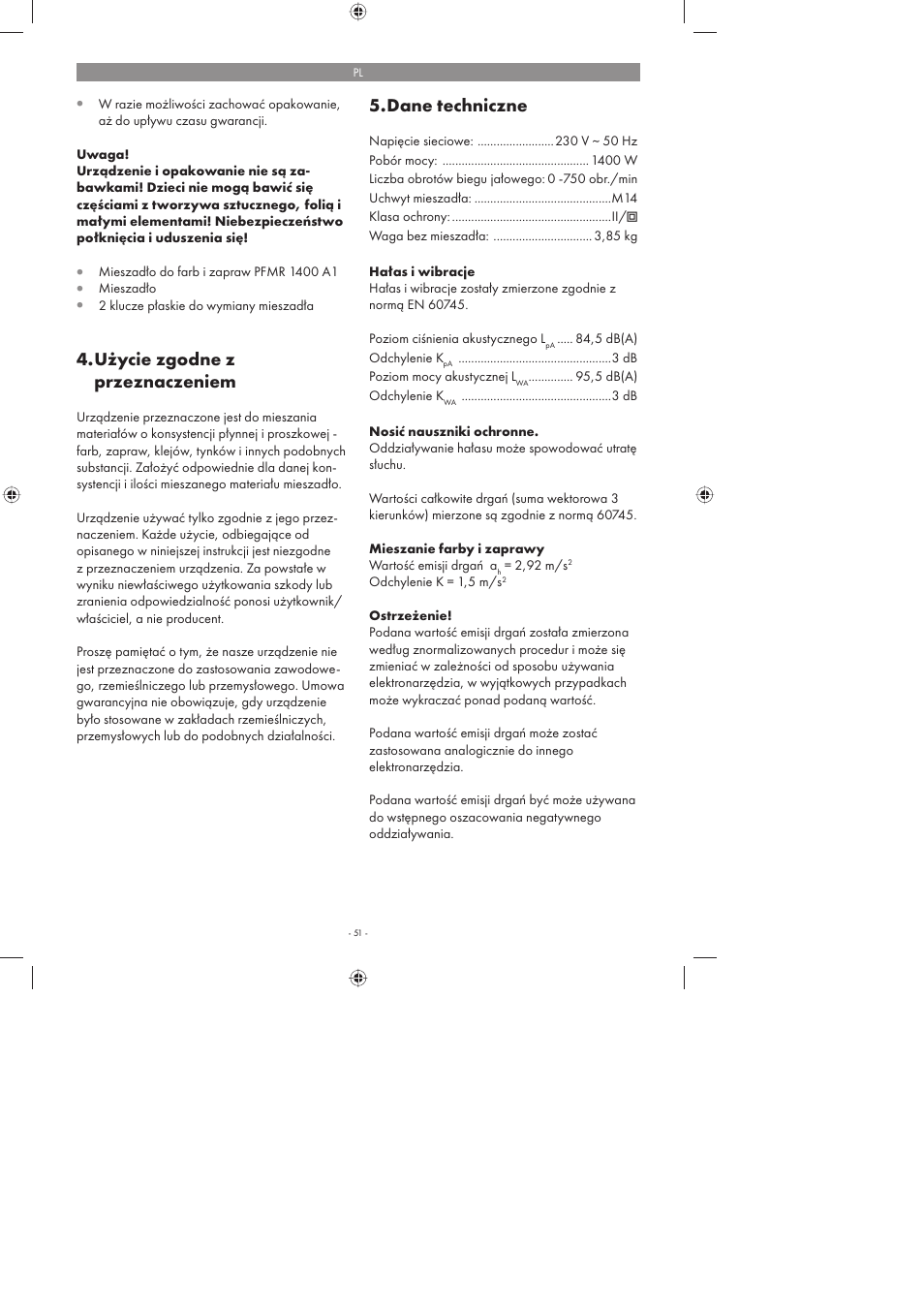 Użycie zgodne z przeznaczeniem, Dane techniczne | Parkside PFMR 1400 A1 User Manual | Page 51 / 58