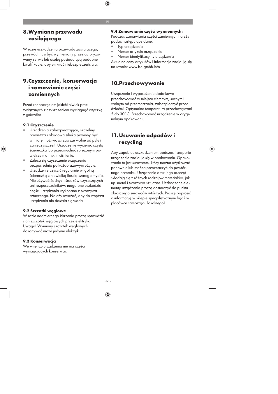 Wymiana przewodu zasilającego, Przechowywanie, Usuwanie odpadów i recycling | Parkside PFMR 1400 A1 User Manual | Page 53 / 58