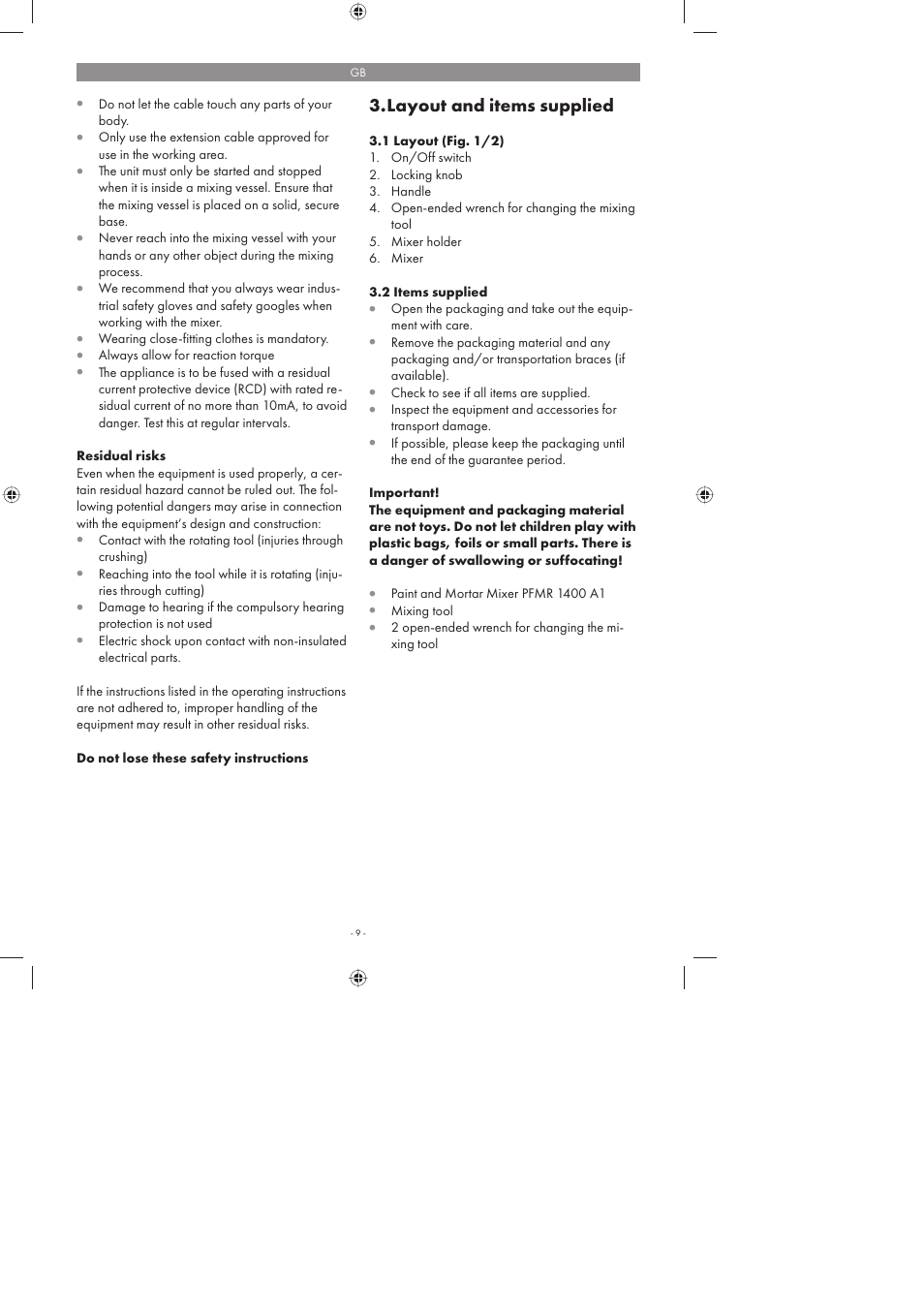 Layout and items supplied | Parkside PFMR 1400 A1 User Manual | Page 9 / 58