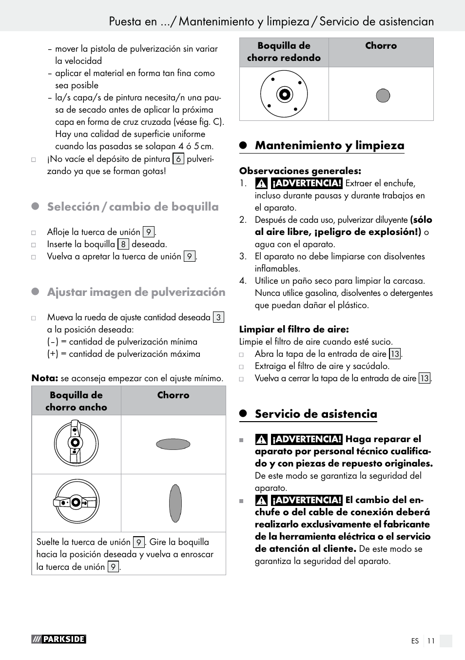 Selección / cambio de boquilla, Ajustar imagen de pulverización, Mantenimiento y limpieza | Servicio de asistencia | Parkside PFS 280 A1 User Manual | Page 11 / 52