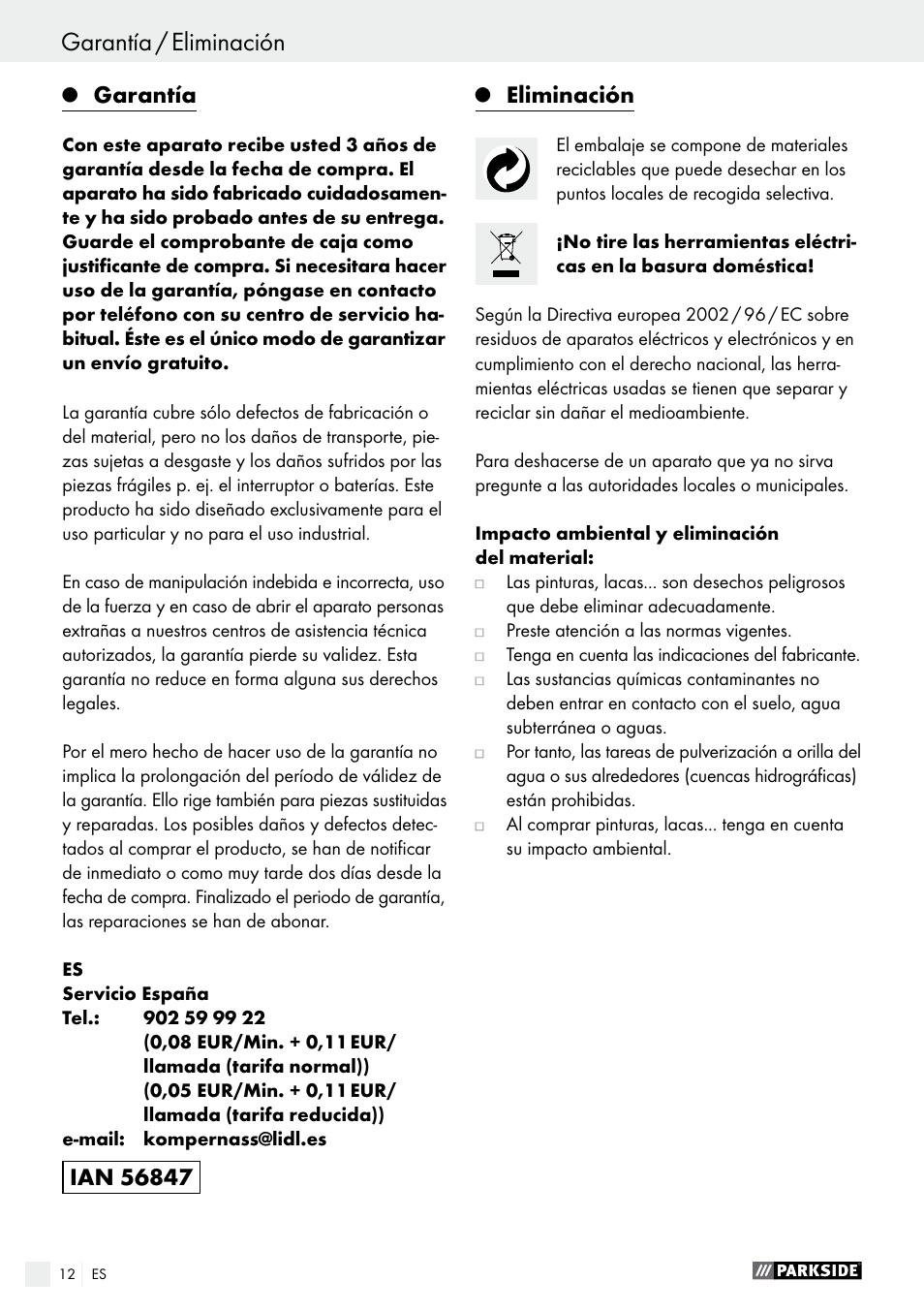 Garantía / eliminación, Garantía, Eliminación | Parkside PFS 280 A1 User Manual | Page 12 / 52