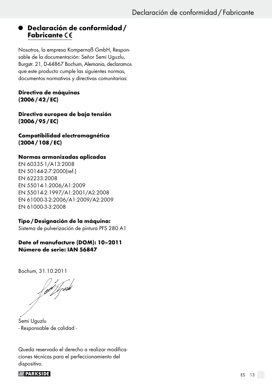 Declaración de conformidad / fabricante | Parkside PFS 280 A1 User Manual | Page 13 / 52