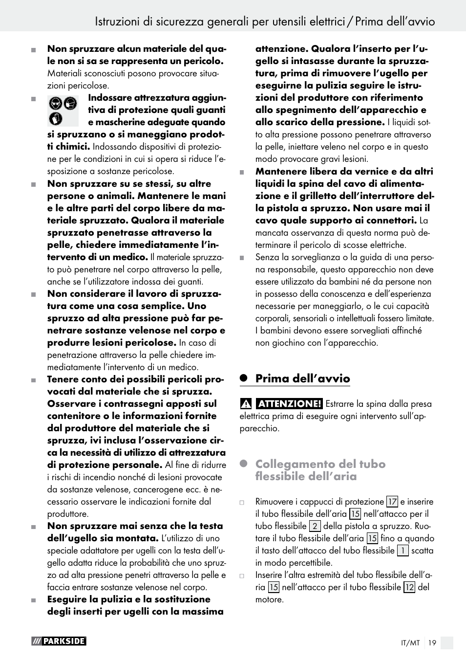 Prima dell’avvio, Collegamento del tubo flessibile dell’aria | Parkside PFS 280 A1 User Manual | Page 19 / 52