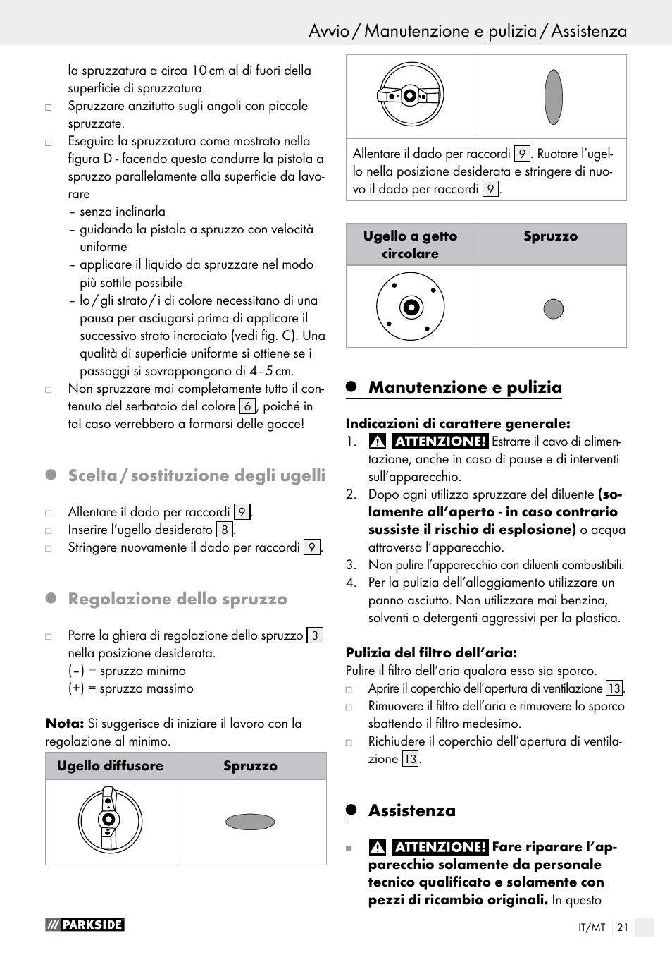 Scelta / sostituzione degli ugelli, Regolazione dello spruzzo, Manutenzione e pulizia | Assistenza | Parkside PFS 280 A1 User Manual | Page 21 / 52