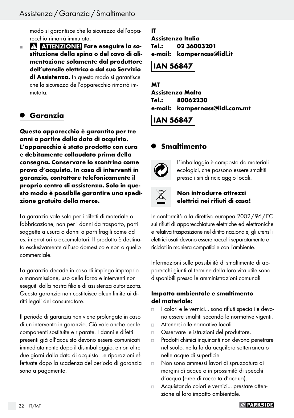 Garanzia, Smaltimento | Parkside PFS 280 A1 User Manual | Page 22 / 52