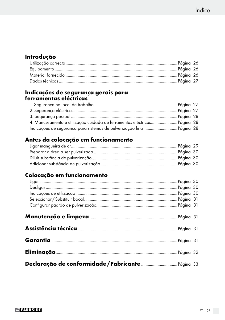 Índice | Parkside PFS 280 A1 User Manual | Page 25 / 52