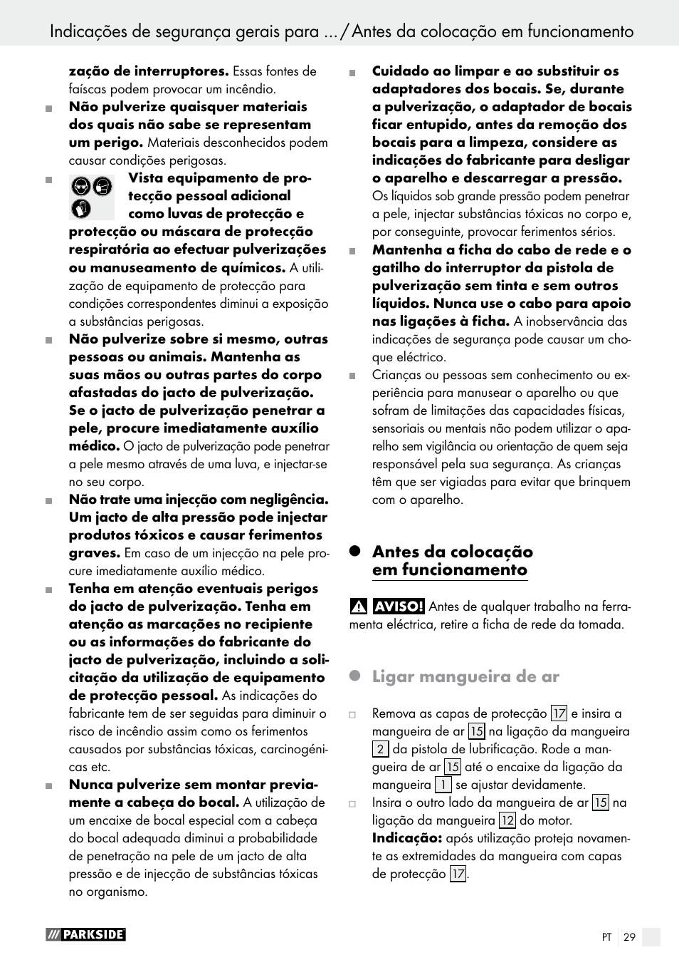 Antes da colocação em funcionamento, Ligar mangueira de ar | Parkside PFS 280 A1 User Manual | Page 29 / 52