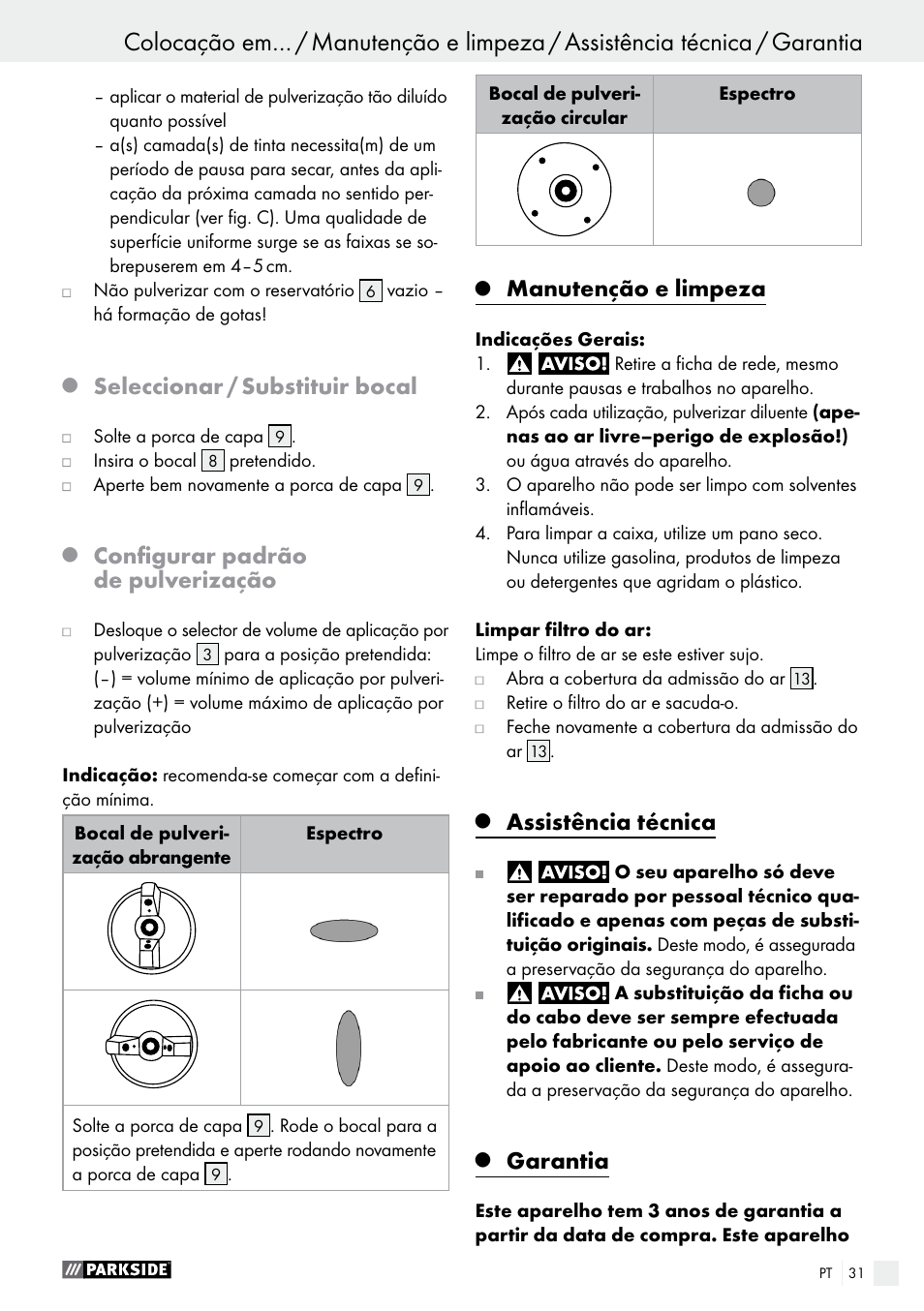 Seleccionar / substituir bocal, Configurar padrão de pulverização, Manutenção e limpeza | Assistência técnica, Garantia | Parkside PFS 280 A1 User Manual | Page 31 / 52