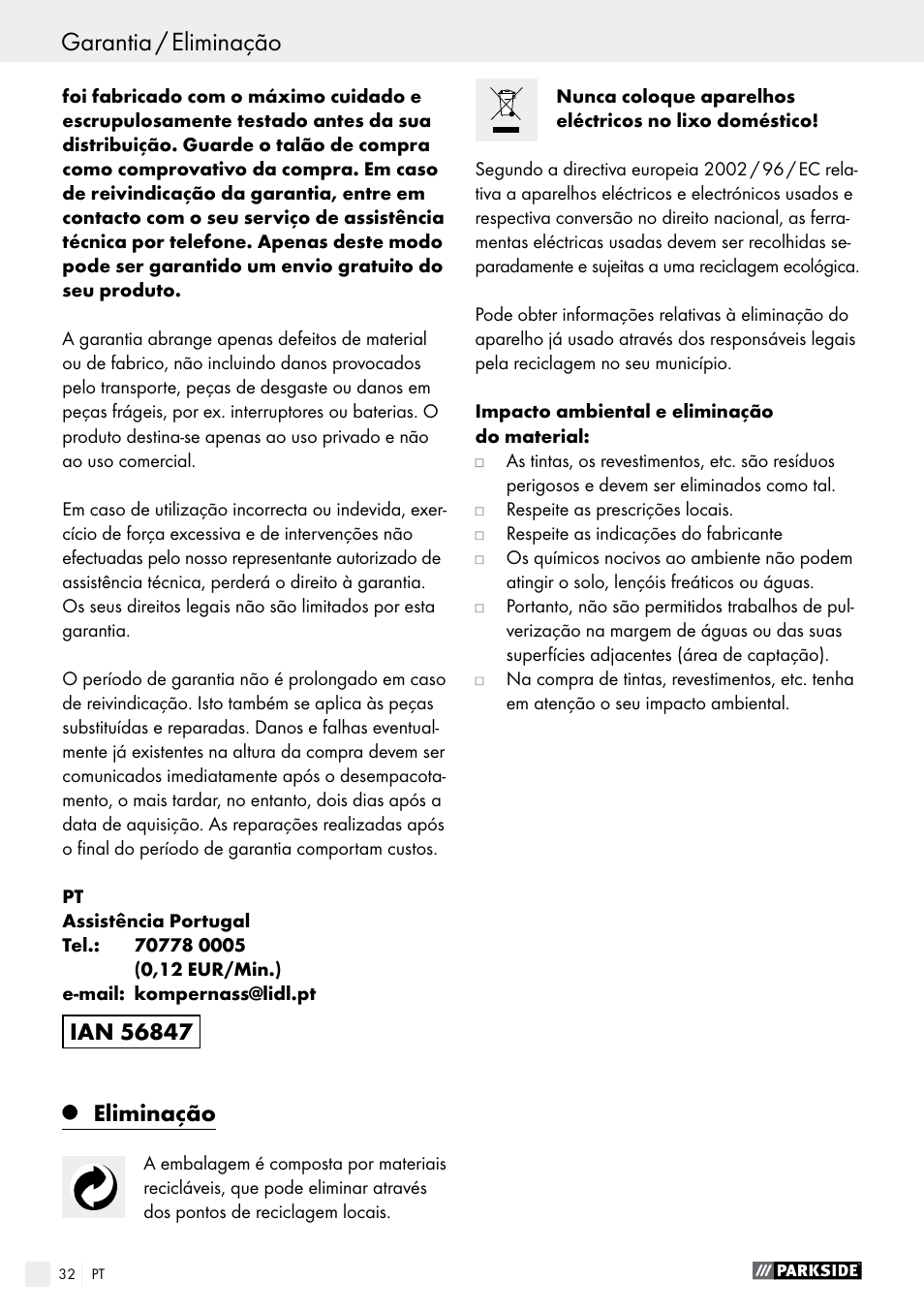 Eliminação | Parkside PFS 280 A1 User Manual | Page 32 / 52