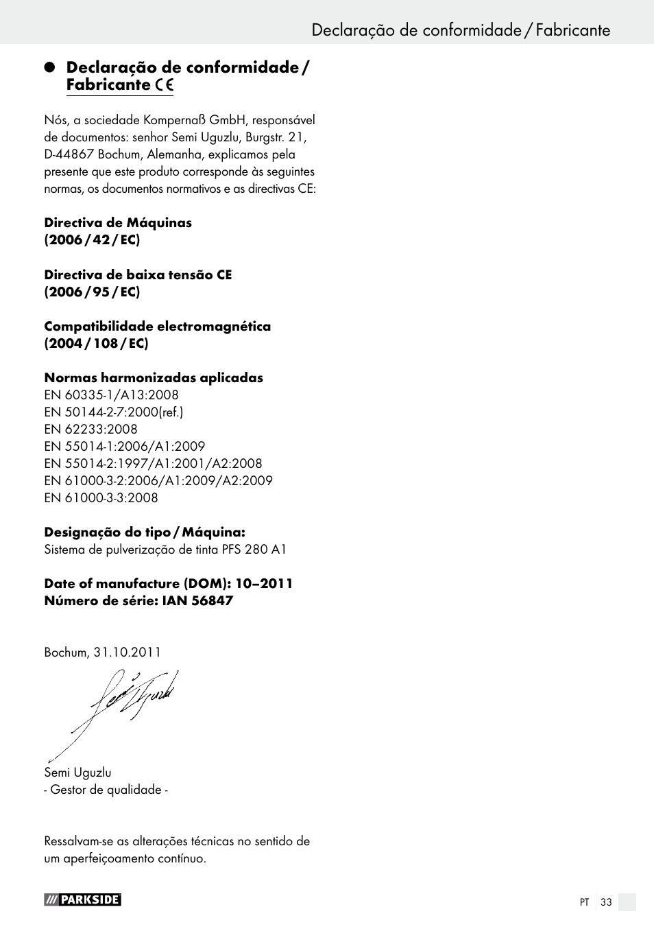 Declaração de conformidade / fabricante, Garantia / eliminação | Parkside PFS 280 A1 User Manual | Page 33 / 52