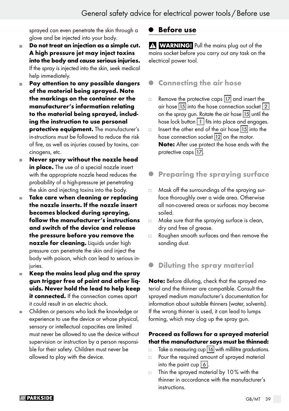 Before use, Connecting the air hose, Preparing the spraying surface | Diluting the spray material | Parkside PFS 280 A1 User Manual | Page 39 / 52
