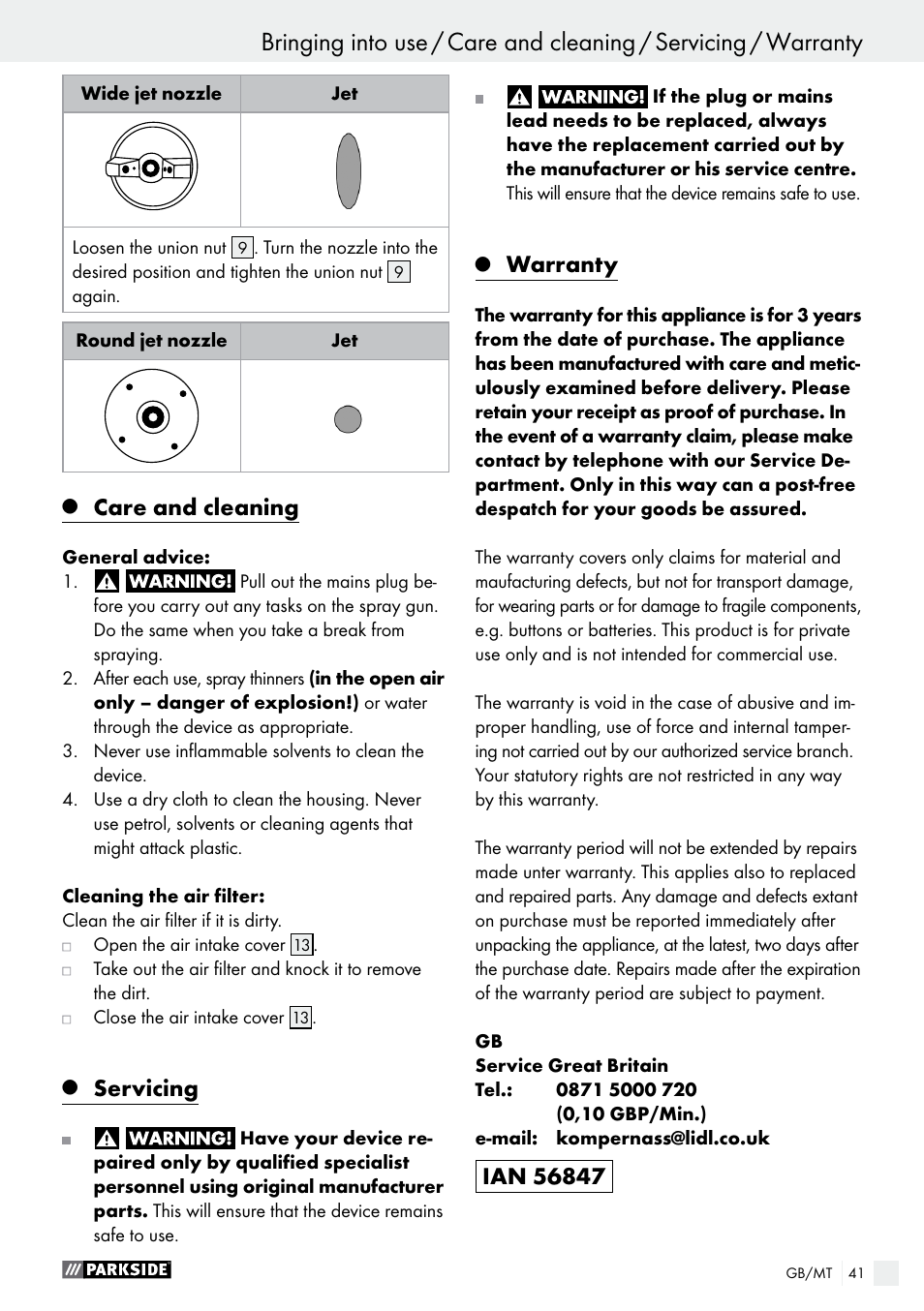 Care and cleaning, Servicing, Warranty | Parkside PFS 280 A1 User Manual | Page 41 / 52
