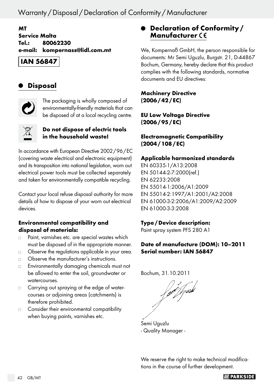 Disposal, Declaration of conformity / manufacturer | Parkside PFS 280 A1 User Manual | Page 42 / 52