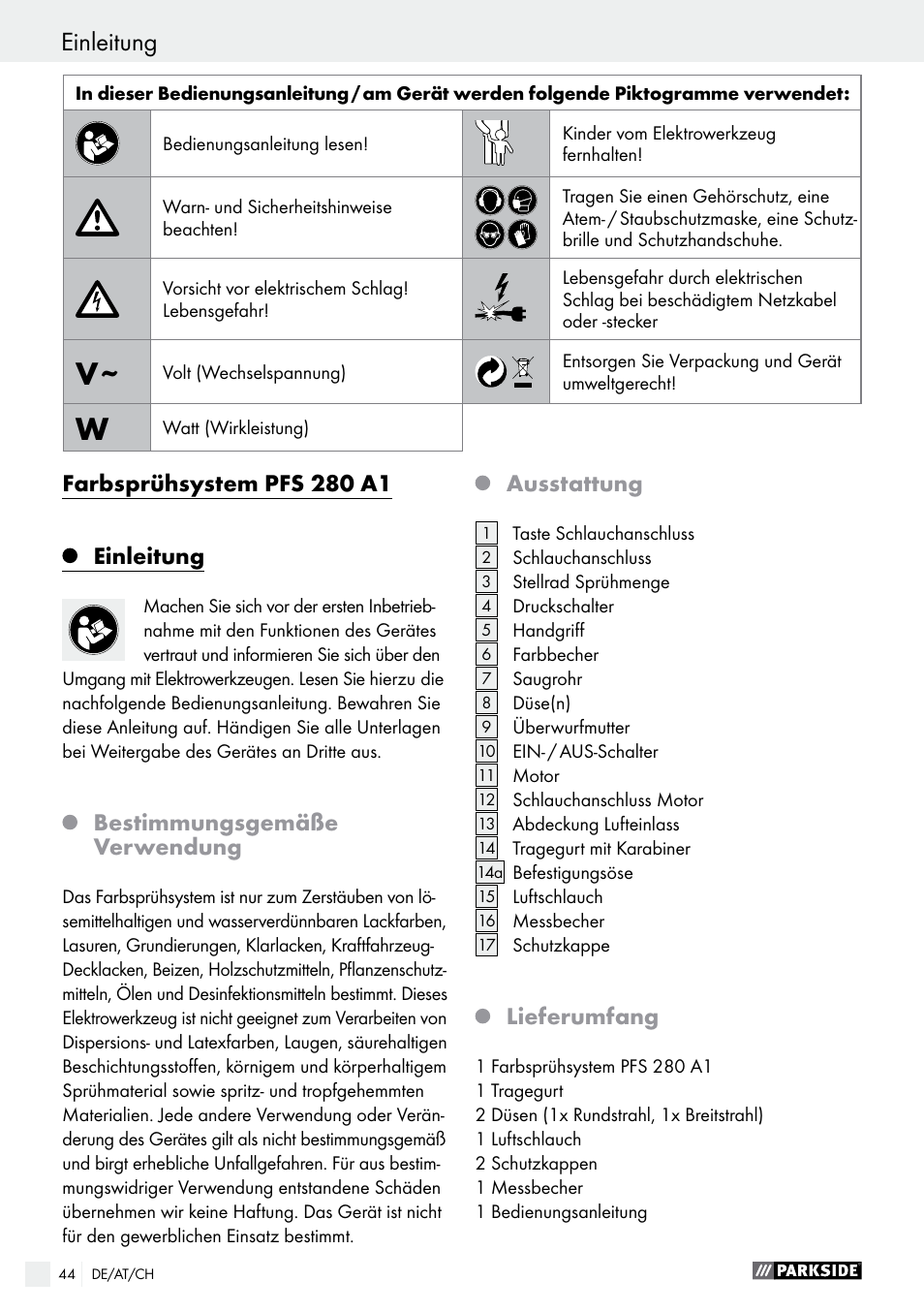 Einleitung, Farbsprühsystem pfs 280 a1, Bestimmungsgemäße verwendung | Ausstattung, Lieferumfang | Parkside PFS 280 A1 User Manual | Page 44 / 52