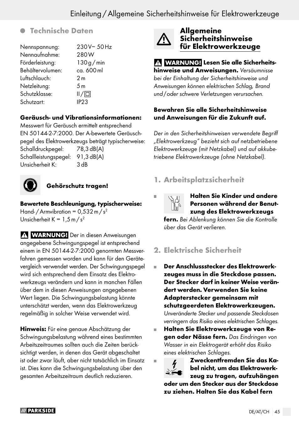 Technische daten, Arbeitsplatzsicherheit, Elektrische sicherheit | Parkside PFS 280 A1 User Manual | Page 45 / 52