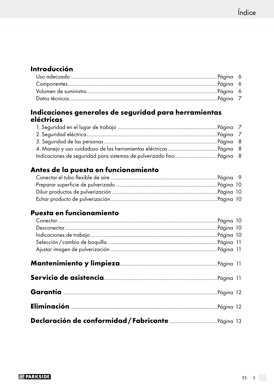 Índice | Parkside PFS 280 A1 User Manual | Page 5 / 52