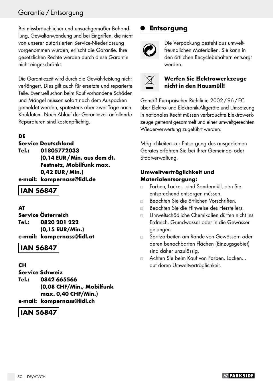 Entsorgung | Parkside PFS 280 A1 User Manual | Page 50 / 52