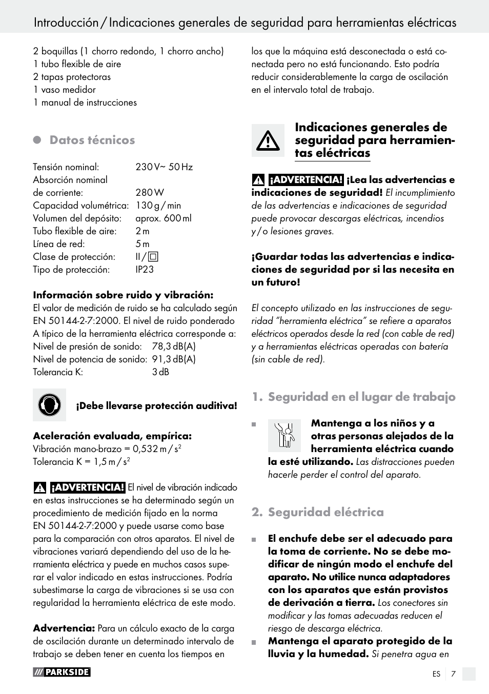 Datos técnicos, Seguridad en el lugar de trabajo, Seguridad eléctrica | Parkside PFS 280 A1 User Manual | Page 7 / 52