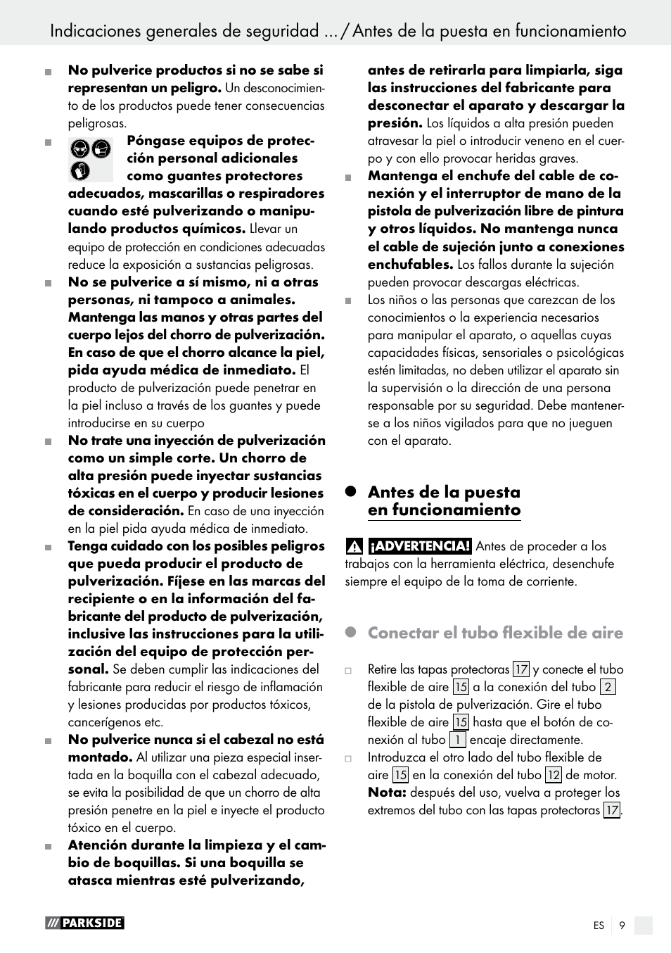 Antes de la puesta en funcionamiento, Conectar el tubo flexible de aire | Parkside PFS 280 A1 User Manual | Page 9 / 52