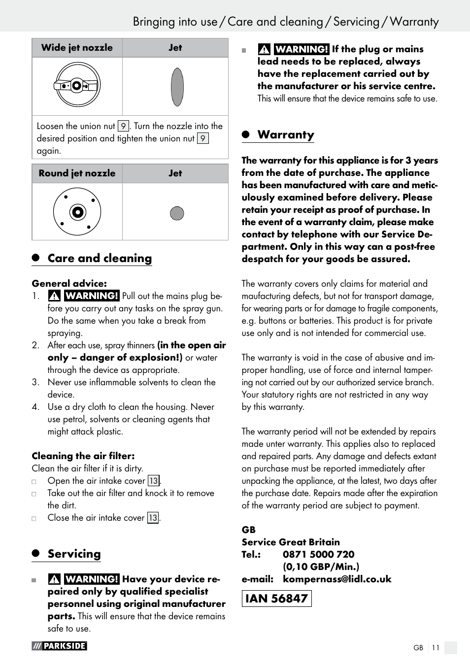 Care and cleaning, Servicing, Warranty | Parkside PFS 280 A1 User Manual | Page 11 / 68