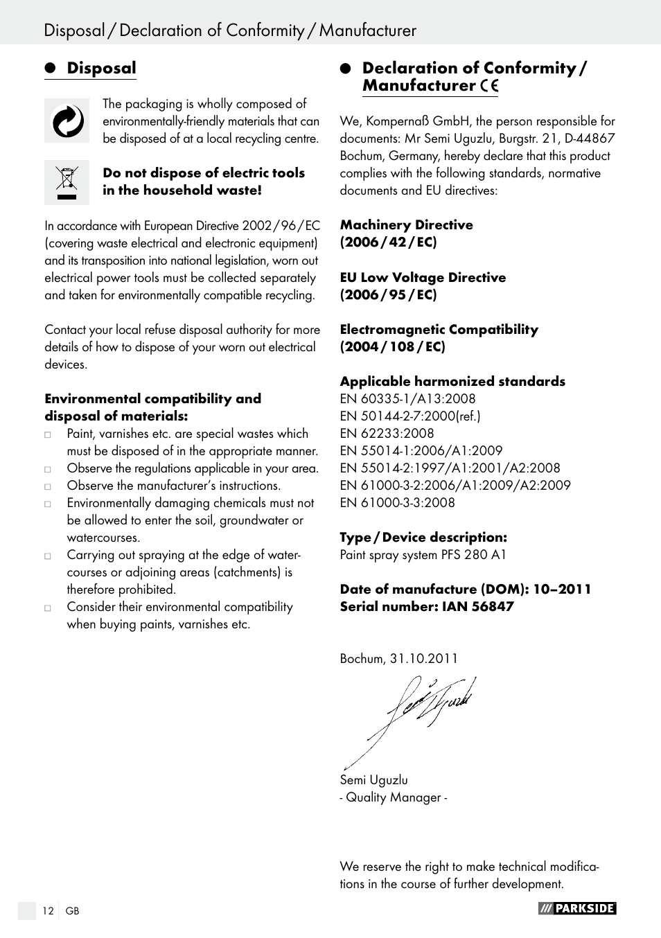 Spis zawartości, Disposal, Declaration of conformity / manufacturer | Parkside PFS 280 A1 User Manual | Page 12 / 68