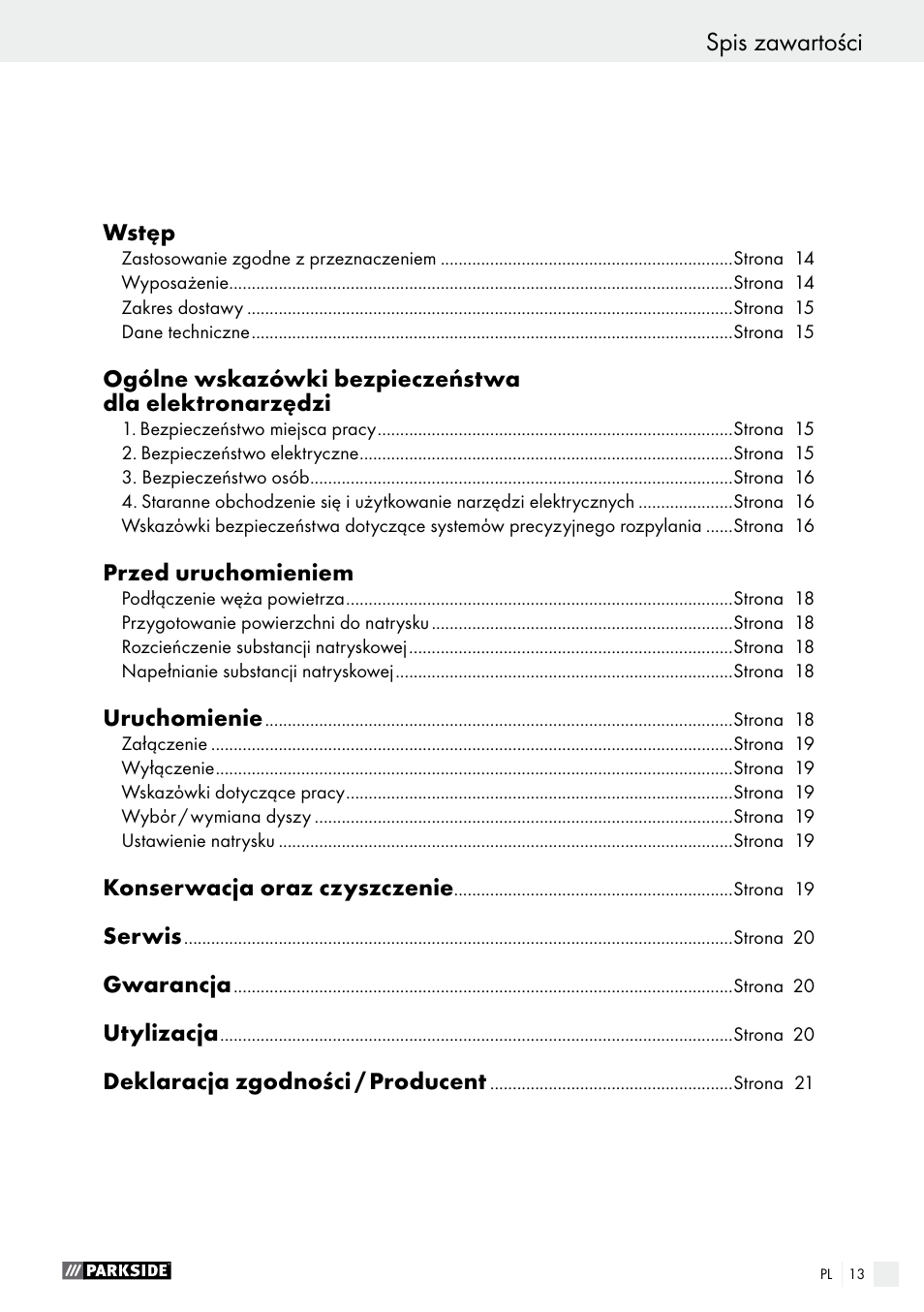 Spis zawartości | Parkside PFS 280 A1 User Manual | Page 13 / 68