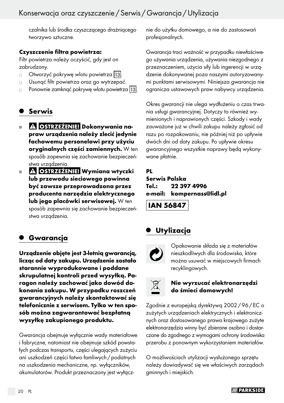 Serwis, Gwarancja, Utylizacja | Parkside PFS 280 A1 User Manual | Page 20 / 68