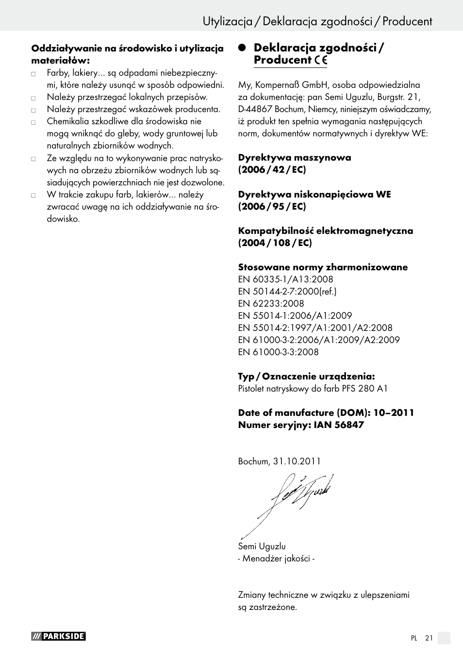 Utylizacja / deklaracja zgodności / producent, Deklaracja zgodności / producent | Parkside PFS 280 A1 User Manual | Page 21 / 68