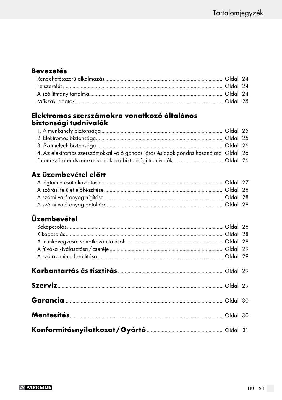 Tartalomjegyzék | Parkside PFS 280 A1 User Manual | Page 23 / 68