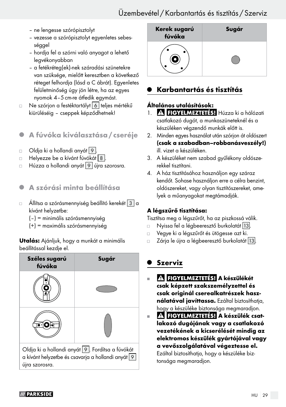A fúvóka kiválasztása / cseréje, A szórási minta beállítása, Karbantartás és tisztítás | Szerviz | Parkside PFS 280 A1 User Manual | Page 29 / 68