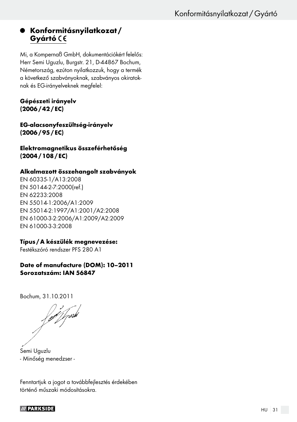 Konformitásnyilatkozat / gyártó | Parkside PFS 280 A1 User Manual | Page 31 / 68