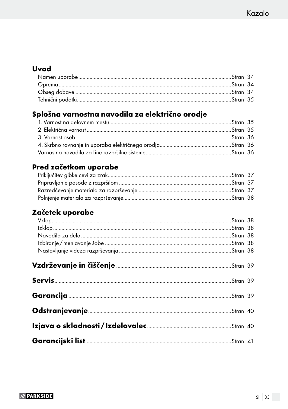 Kazalo | Parkside PFS 280 A1 User Manual | Page 33 / 68