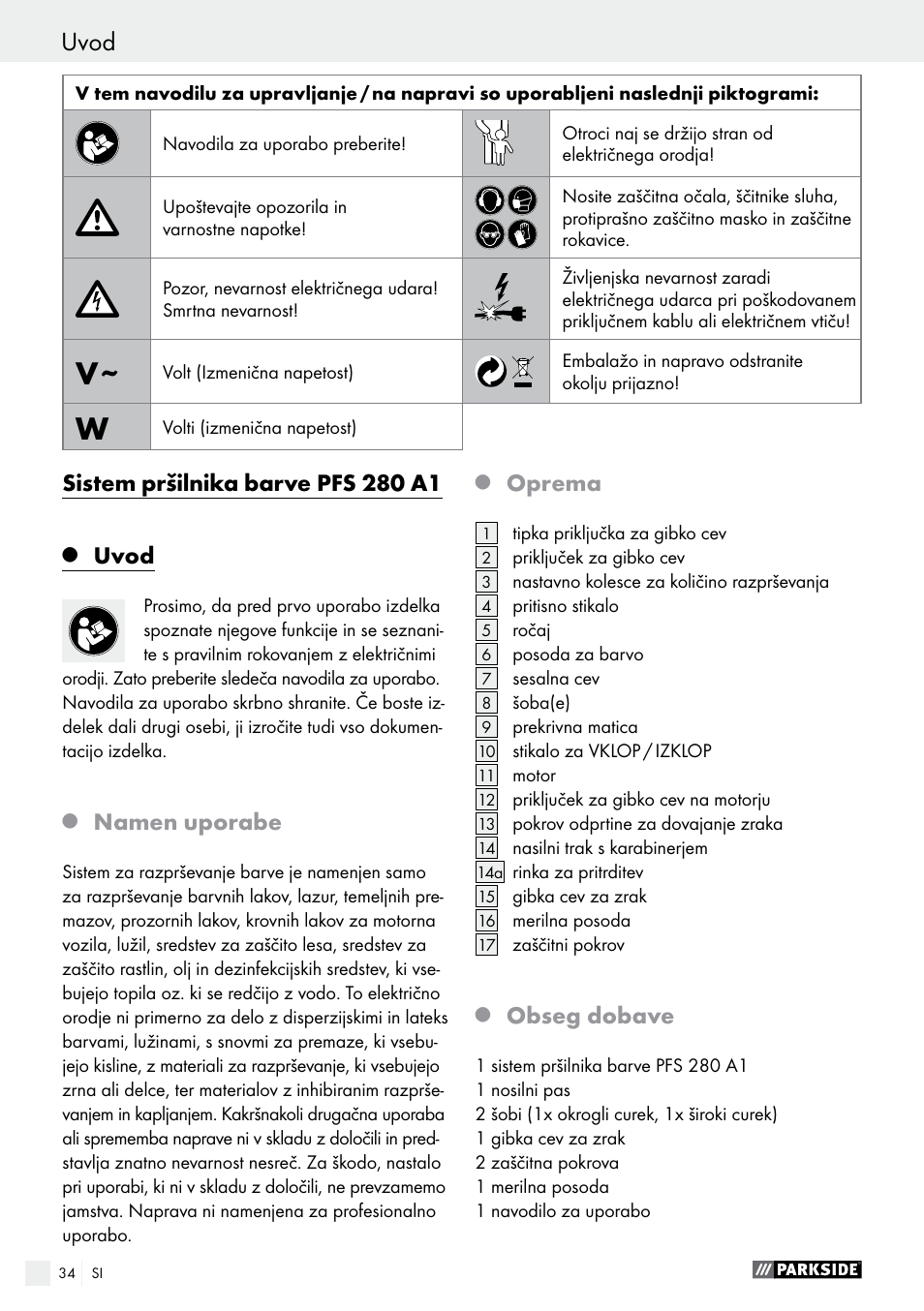 Sistem pršilnika barve pfs 280 a1, Uvod, Namen uporabe | Oprema, Obseg dobave | Parkside PFS 280 A1 User Manual | Page 34 / 68