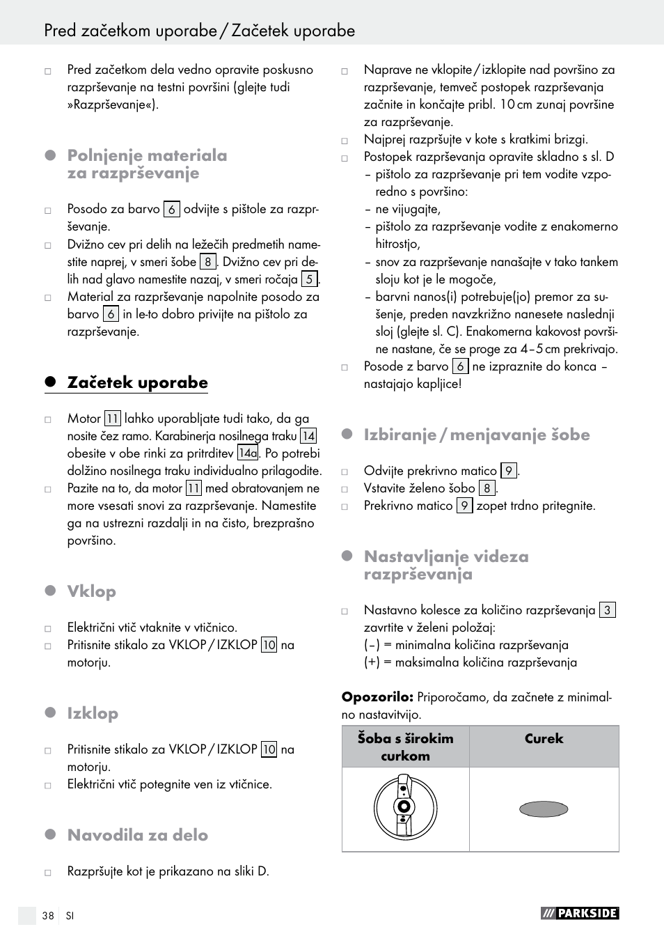 Polnjenje materiala za razprševanje, Začetek uporabe, Vklop | Izklop, Navodila za delo, Izbiranje / menjavanje šobe, Nastavljanje videza razprševanja | Parkside PFS 280 A1 User Manual | Page 38 / 68