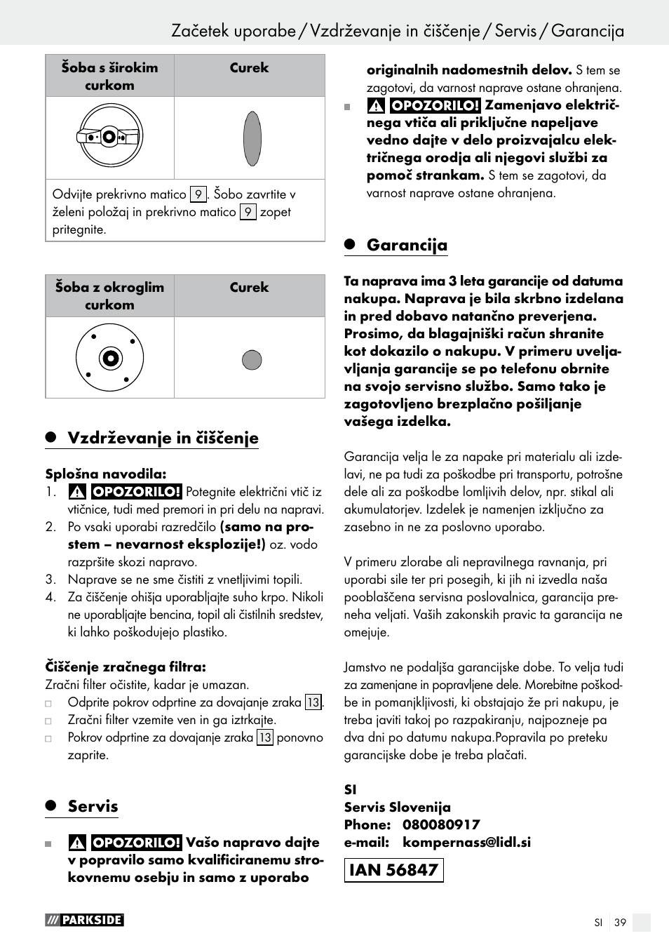 Vzdrževanje in čiščenje, Servis, Garancija | Parkside PFS 280 A1 User Manual | Page 39 / 68