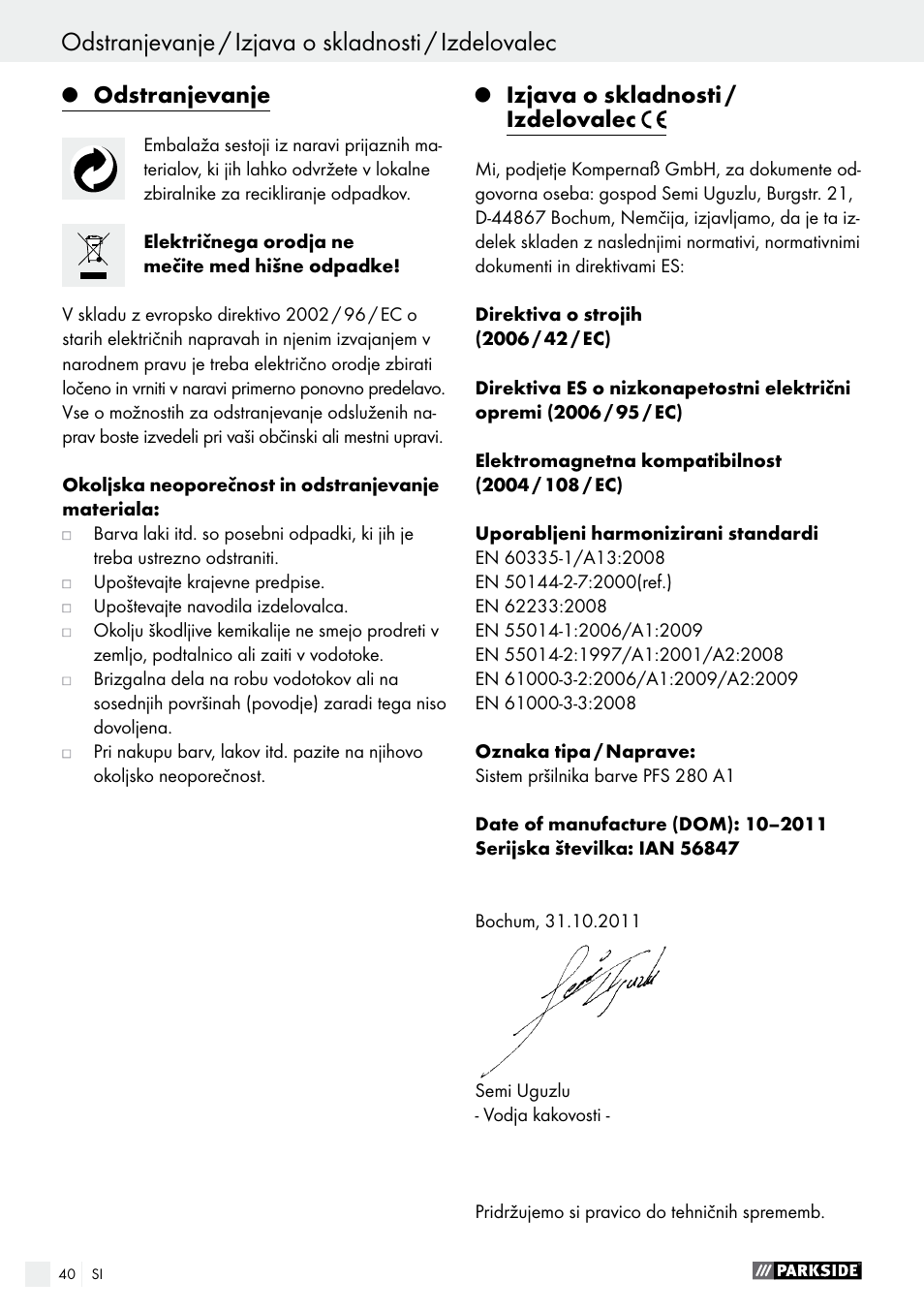 Odstranjevanje, Izjava o skladnosti / izdelovalec | Parkside PFS 280 A1 User Manual | Page 40 / 68