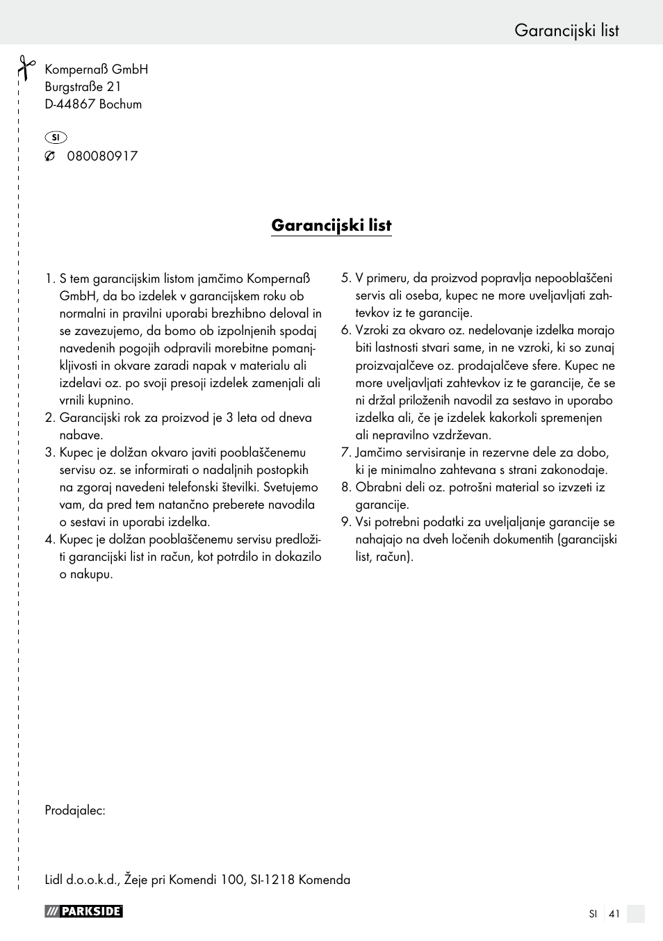 Garancijski list | Parkside PFS 280 A1 User Manual | Page 41 / 68