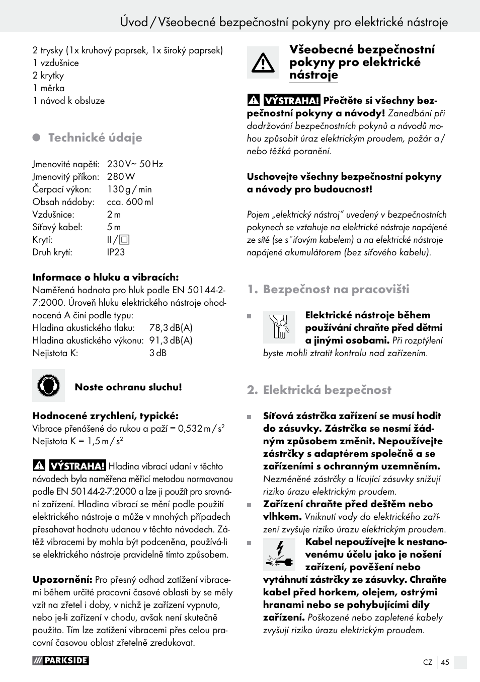 Technické údaje, Bezpečnost na pracovišti, Elektrická bezpečnost | Parkside PFS 280 A1 User Manual | Page 45 / 68