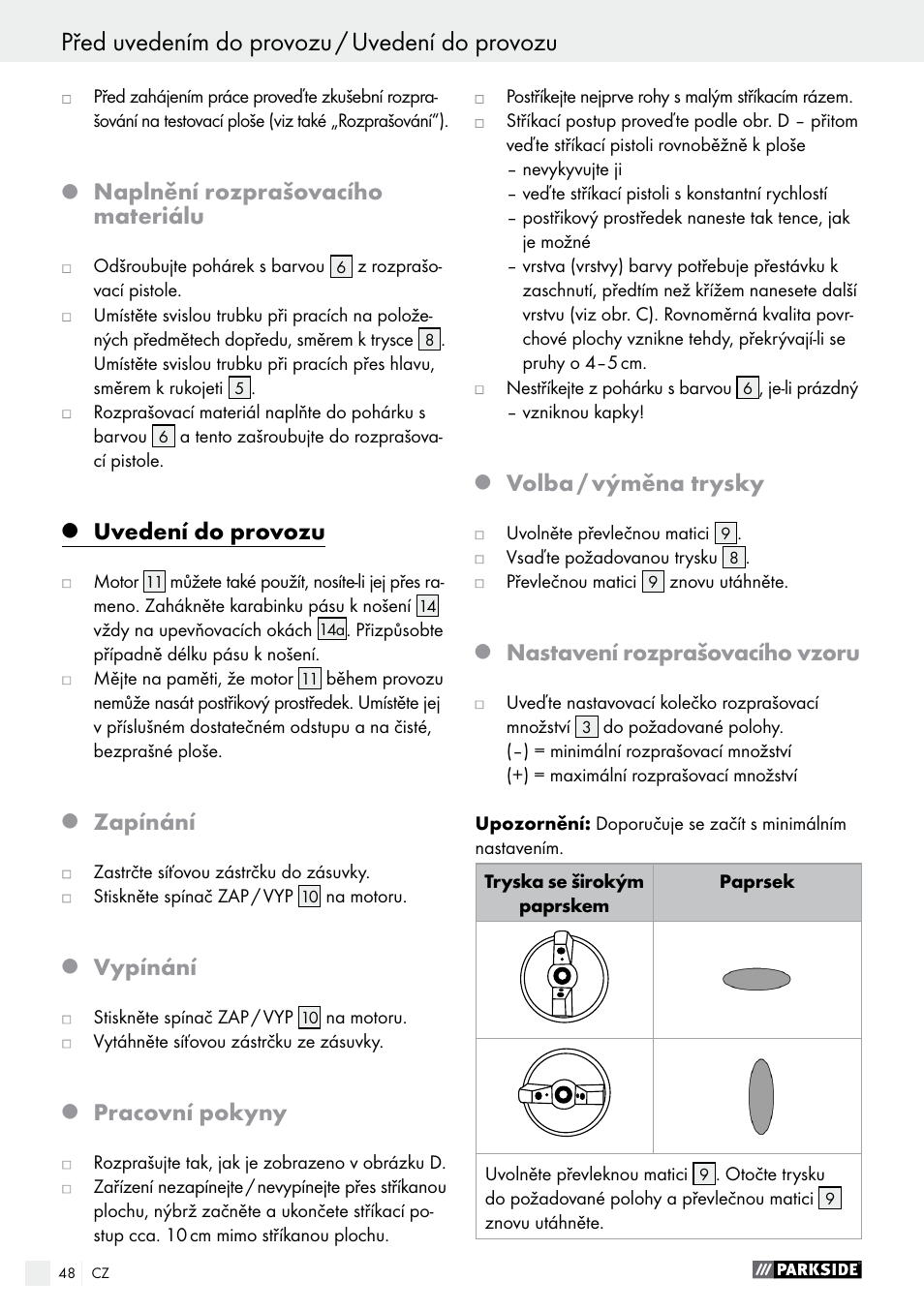 Naplnění rozprašovacího materiálu, Uvedení do provozu, Zapínání | Vypínání, Pracovní pokyny, Volba / výměna trysky, Nastavení rozprašovacího vzoru | Parkside PFS 280 A1 User Manual | Page 48 / 68